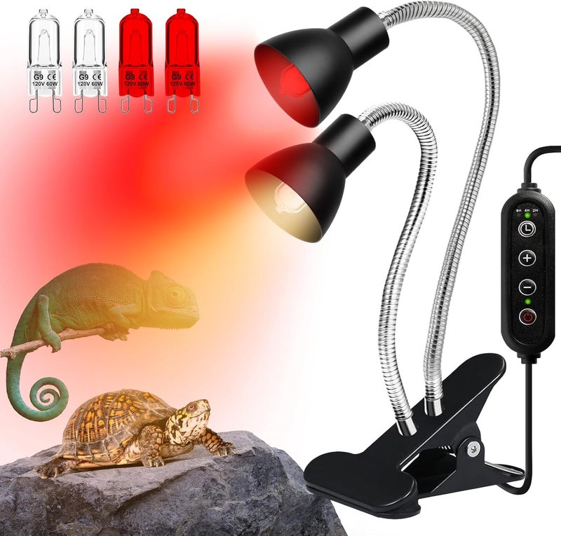Jaenmsa Heat Lamp for Reptile,UVA UVB Light for Turtle,Bearded Dragon Basking Light Bulbs,Dimmable 360°Gooseneck UV Heating Lamp W/ G9 Mini Halogen Bulbs 60W (White*2，Red*2) for Tortoise/Snake/Lizard - Image 1